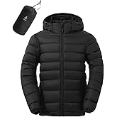 ASPO Men's Packable Puffer Jackets Winter Lightweight Detachable Hood Water-Resistant Down Coats Warm Insulated Hiking Travel