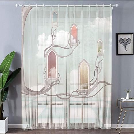 Amazon 魔法 レースカーテン 150x178cm 子供の部屋 寝室居間 木の枝の雲の上の色付きの鏡空の夢の部屋シュールな珍しいグラフィック作品 マルチ カーテン ブラインド オンライン通販