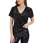 Ellunis Womens Sequin Tops 2025 Velvet Glitter Party Short Sleeve Sparkle Blouses V-Neck Sequence Shirts
