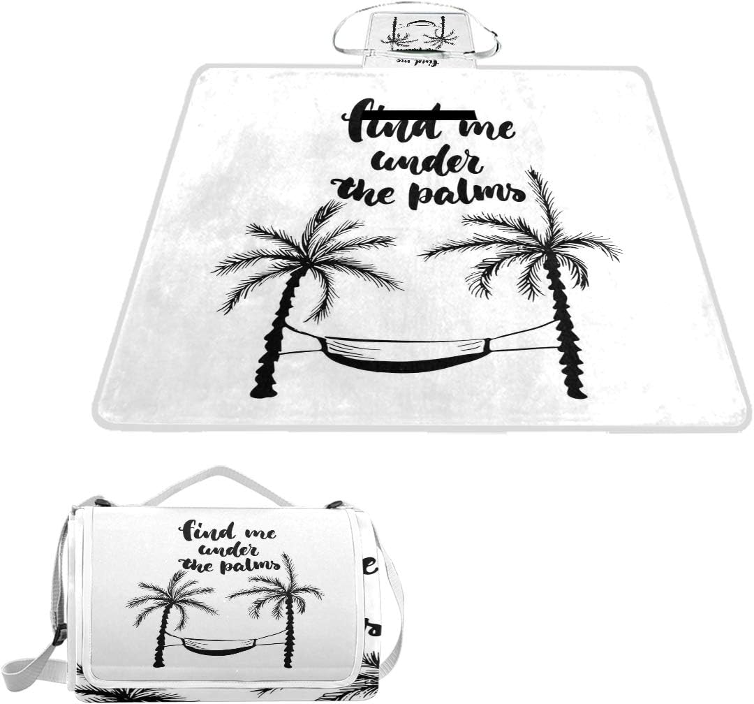 XINGAKA Picnic Blanket,Find Me Under The Palms Hand-Written Style Hammock Between Trees，Large Beach Blanket Outdoor Camping,Waterproof Backing,Foldable