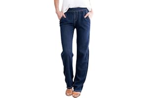 Jeans for Women Pull on Denim Pants High Waisted Straight Leg Stretch Casual Elastic Waist Trousers with Pocket