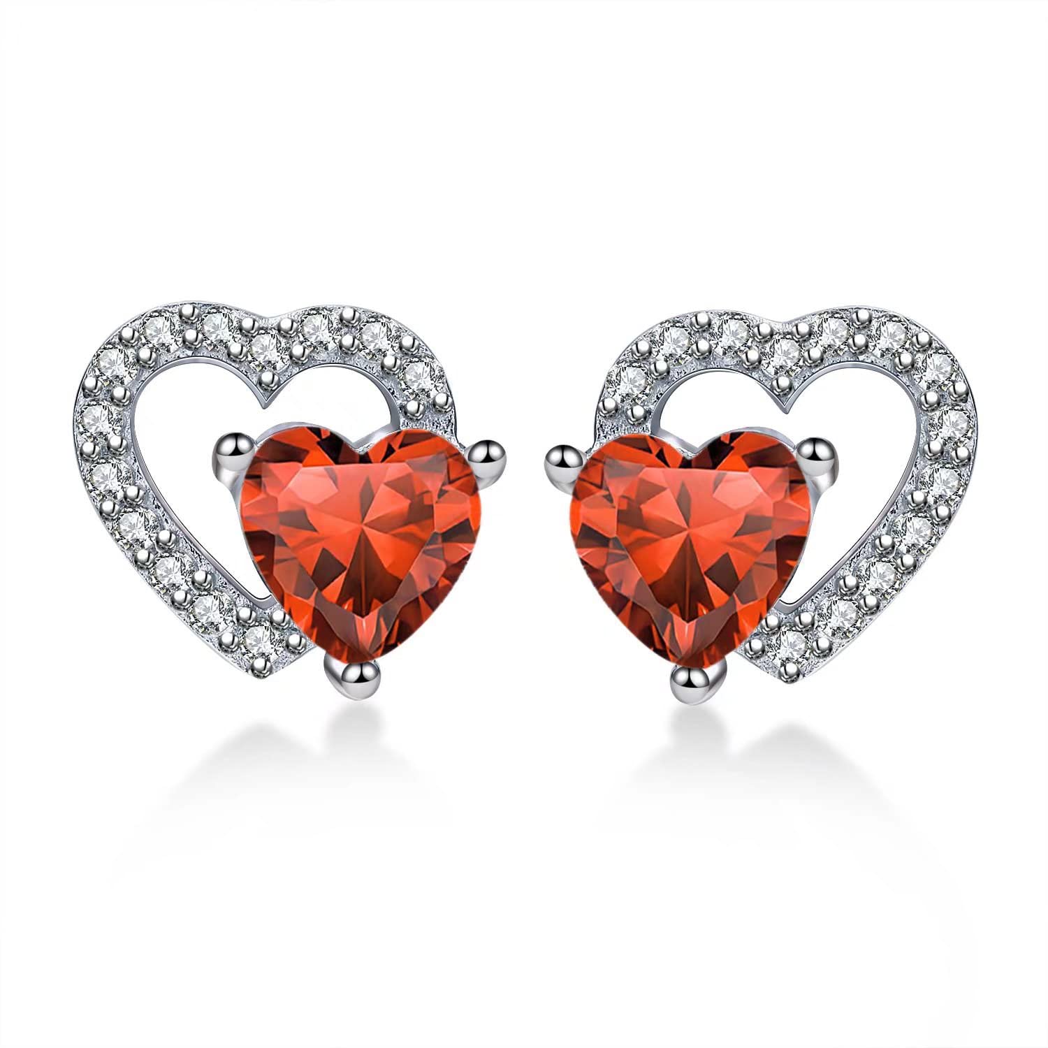Qings January Birthstone Garnet Stud Earrings Sterling Silver Dainty Love Double Heart Hollow Red CZ Gemstone Cubic Zirconia Jewelry Gifts for Girls Wife