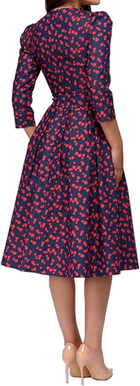 Simple Flavor Women's Floral Vintage Dress Elegant Midi Evening Dress 3/4 Sleeves: Clothing