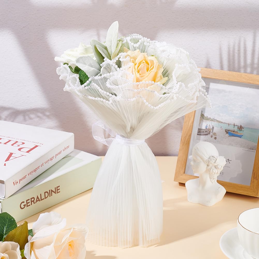 BENECREAT 4.37 Yards White Flower Wrapping Mesh Paper, Pearl Edge Bouquet Packaging Paper Wrinkled Translucent for Party Favor Decor, Florist Supplies Wedding Gift Packaging