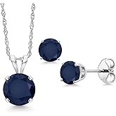 Gem Stone King 14K White Gold Blue Sapphire Pendant Earrings Jewelry Set For Women | 1.80 Cttw | Gemstone September Birthstone | Round 6MM | with 18 Inch Chain
