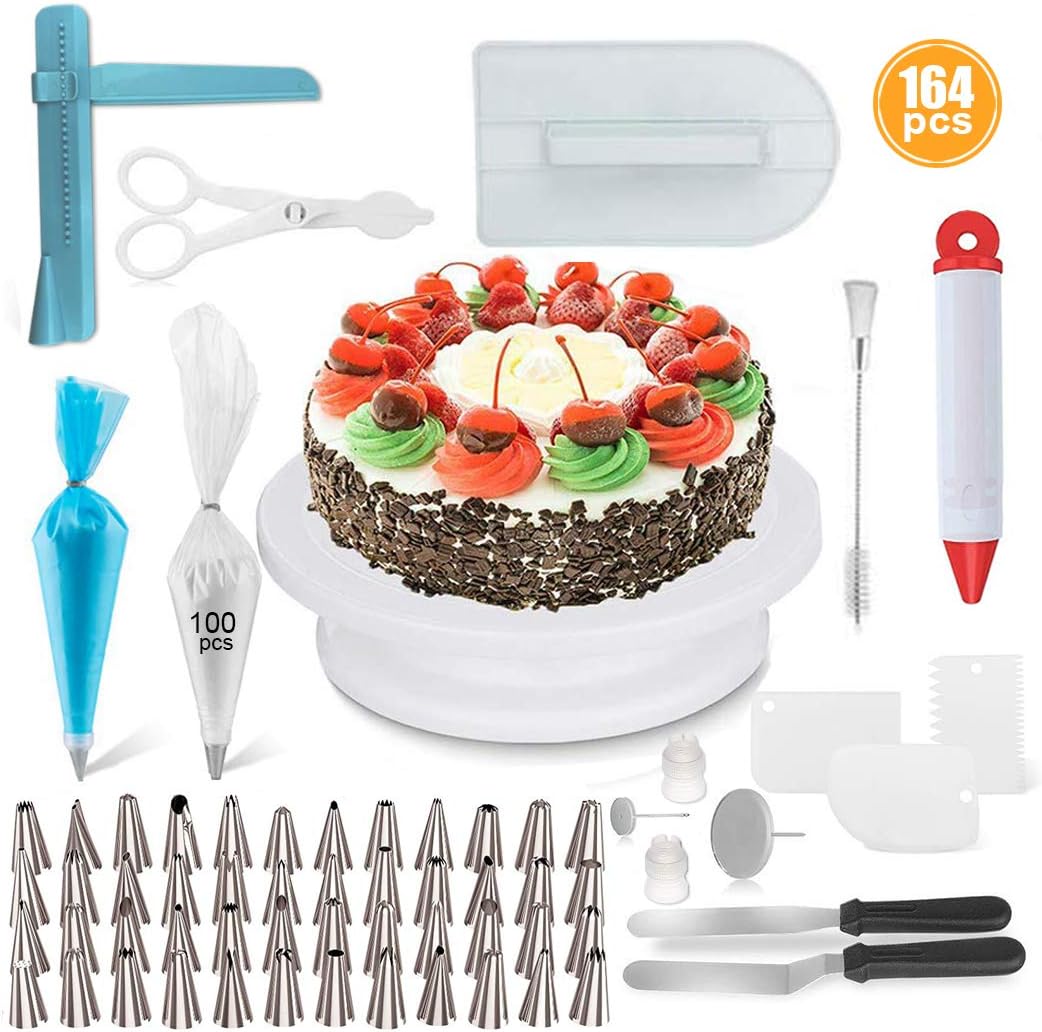 Joyeee Cake Decorating Equipment, 164pcs Cake Decorating Set Cupcake Decorating Kit Baking Supplies with Nonslip Turntable Stand, 48 Icing Tips Smoother and More Frosting Tools for Cake DIY