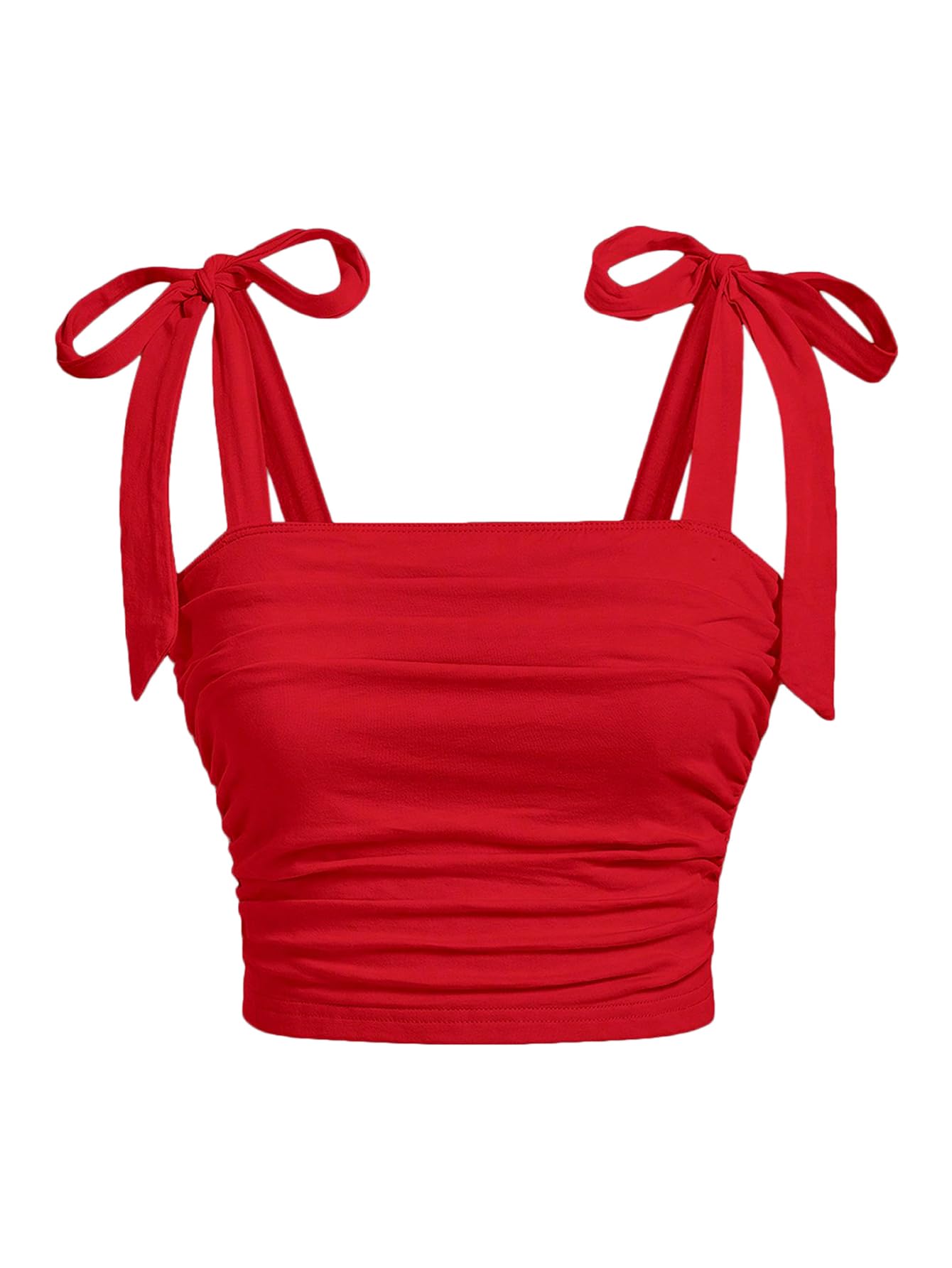 Photo 1 of SOLY HUX Girl's Bow Tie Sleeveless Crop Top Ruched Square Neck Summer Going Out Cami Tank Shirts Solid Red 10Y