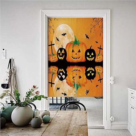 Amazon ハロウィンデコレーション のれん おしゃれ 遮光 72幅x150丈cm 不気味な彫刻が施されたハロウィーンカボチャ満月 和風暖簾べ麻風キチンリビングロングカーテン コウモリとグレーブレイク のれん オンライン通販