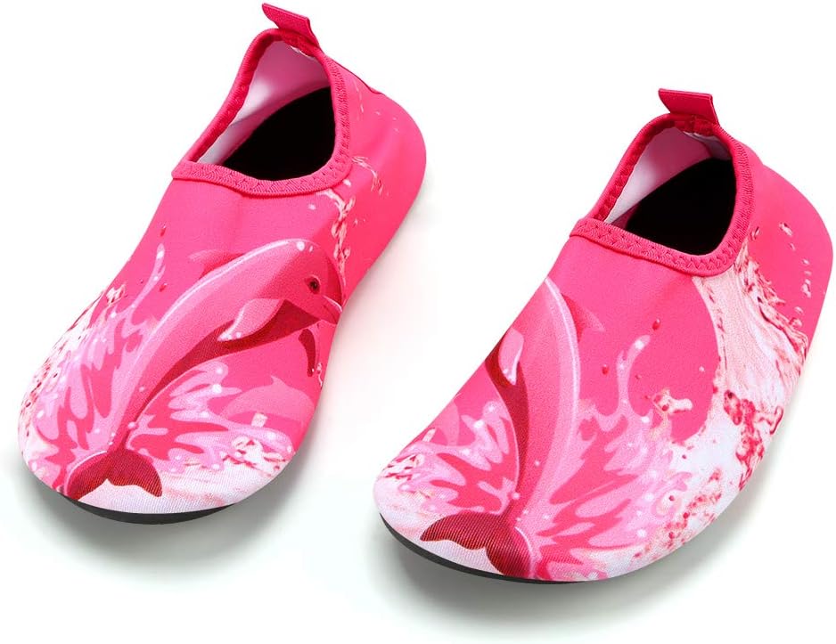 QIMAOO Kids Water Shoes Swim Socks, Girls Boys Quick Dry Aqua Shoes Barefoot Skin Socks for Beach Pool Surfing Walking Indoor Outdoor Sports Rosy Dolphin 11/12 UK Child(CN 34/35)