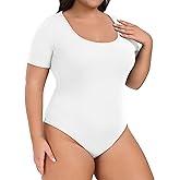 Lastshe Women Plus Size Bodysuit Short Sleeve Scoop Neck Casual Slim Fit Stretchy Bodysuits