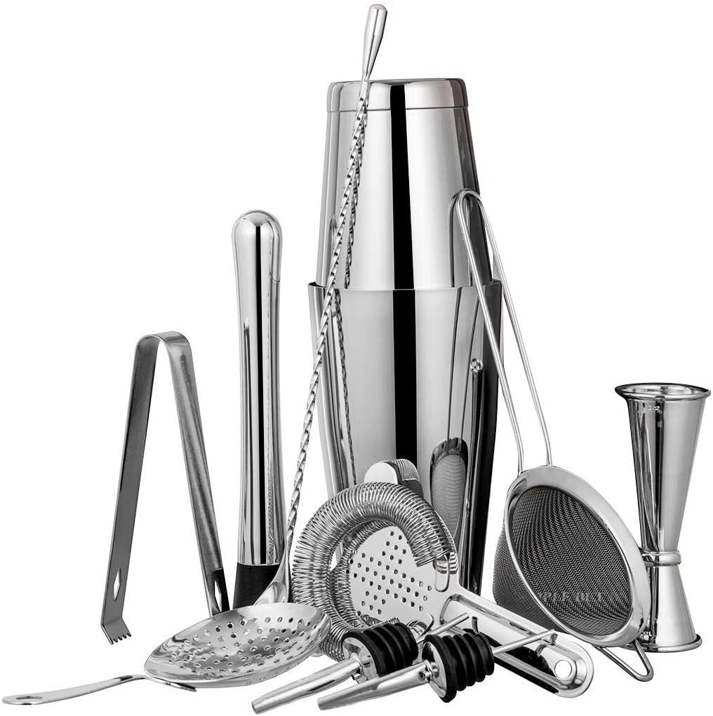 11 Piece Bartender Kit Cocktail Boston Shaker Barware Set Includes 28 and 18 OZ Includes Weighted Shaker Tins Strainer Muddler (Silver)