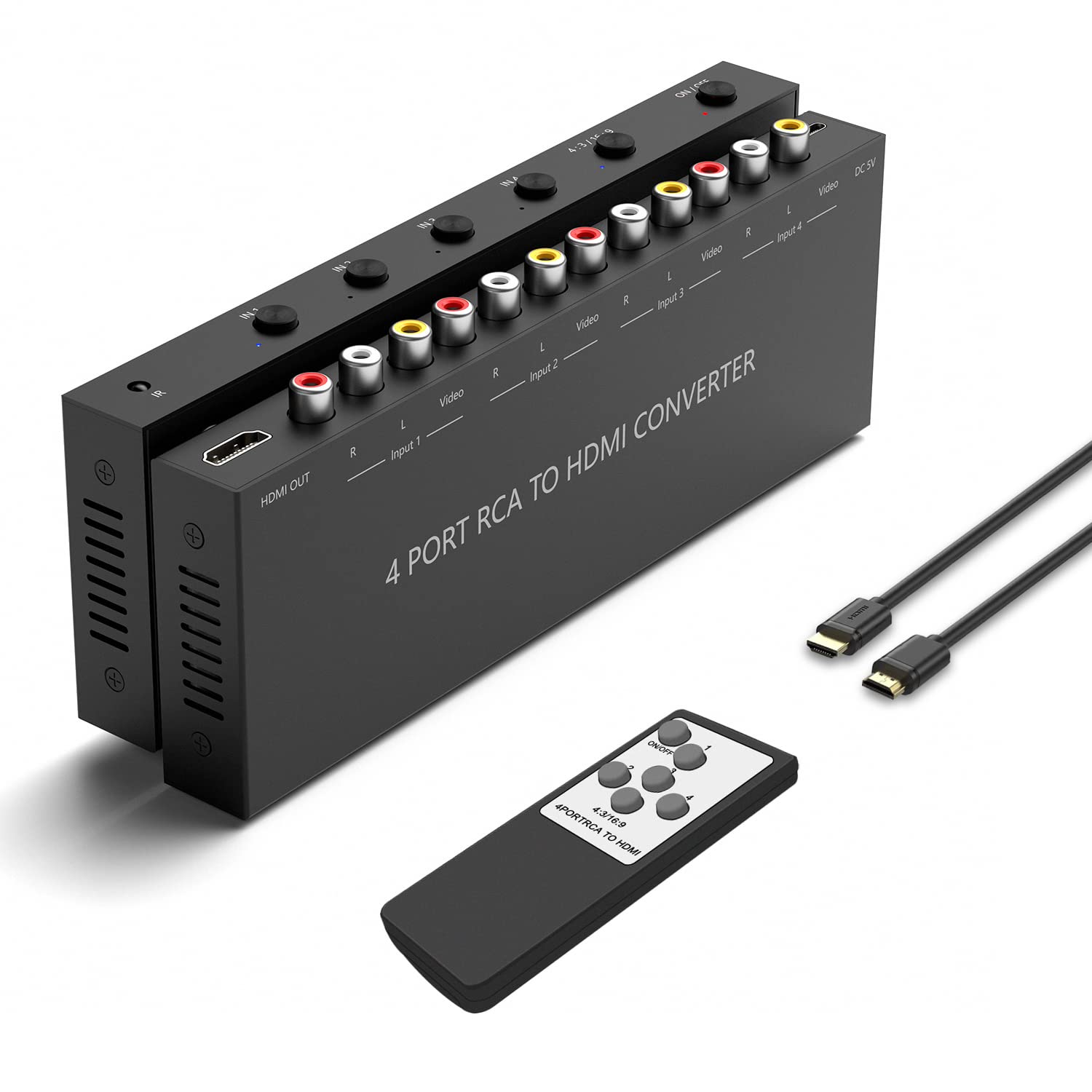 Y.D.F 4 Port RCA to HDMI Converter 4 Way RCA Composite CVBS AV Switch to HDMI Converter Adapter Support 4:3/16:9 Switching, for Sega Xbox PS1 PS2 PS3 N64 NGC SNES WII VHS VCR Camera DVD