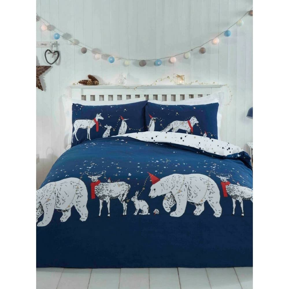 Rapport Home Single Duvet Cover Set - Christmas Polar Bear & Friends Reversible Polycotton Bedding - Navy Blue Seasonal Design