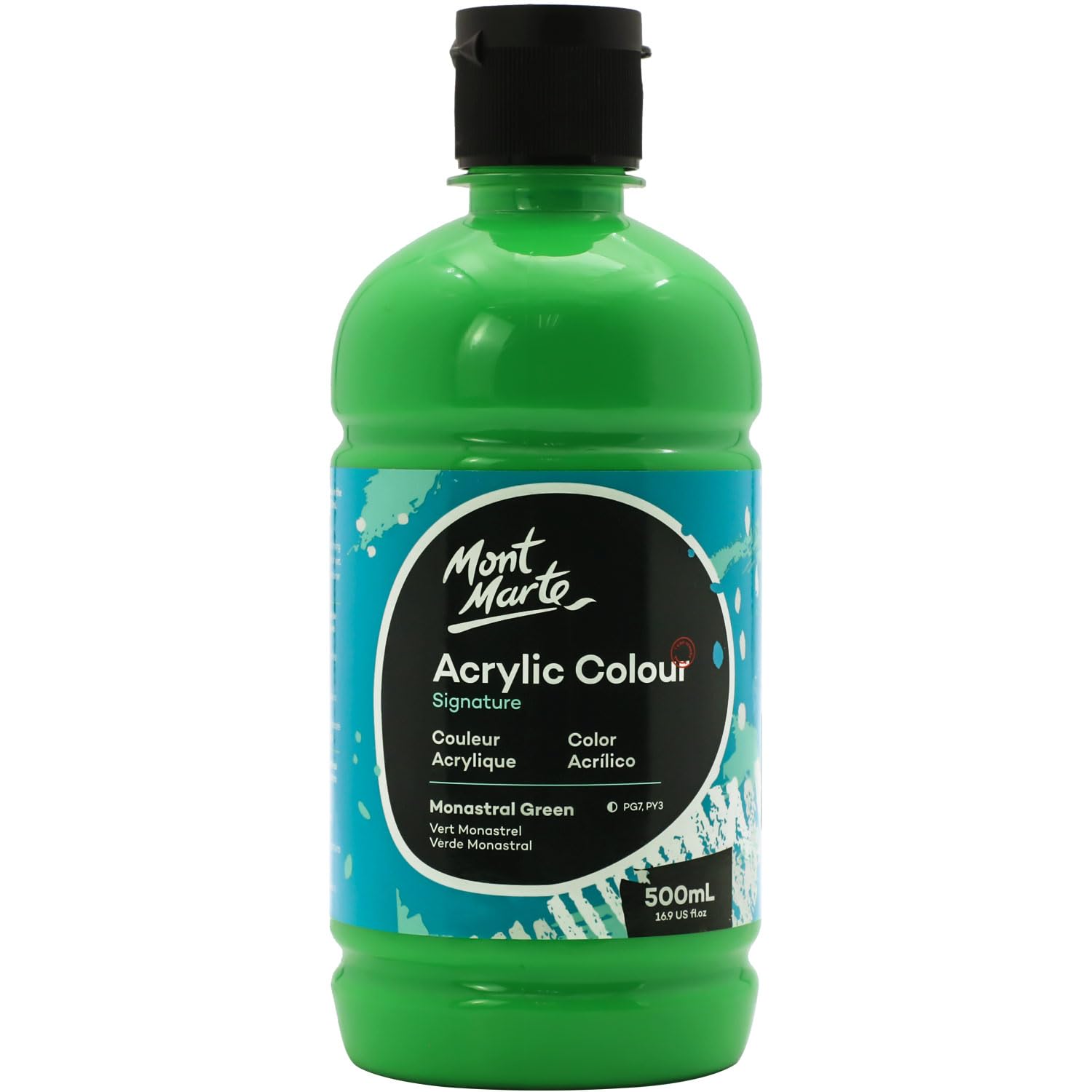 Photo 1 of Mont Marte Signature Monastral Green Acrylic Paint, 16.9oz (500ml), Semi-Matte Finish, Suitable for Canvas, Wood, Fabric, Leather, Cardboard, Paper, MDF and Crafts