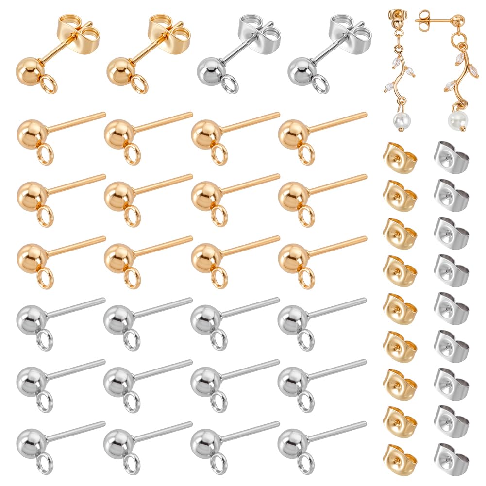PH PandaHall 40pcs Ball Earring Studs for Jewellery Making, 304 Stainless Steel Earring Posts Earrings Hook Loop with Backs for DIY Dangle Earrings by Adding Charms Glass Beads Polymer Clay, 2 Colours