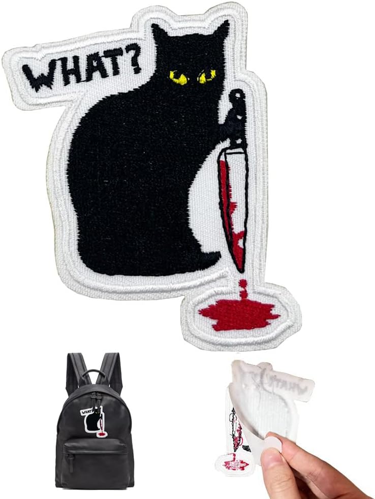 Mixed Media - Halloween Black Cat with Knife Self-adhesive Embroidered Iron On Patch, Funny Cute Patch