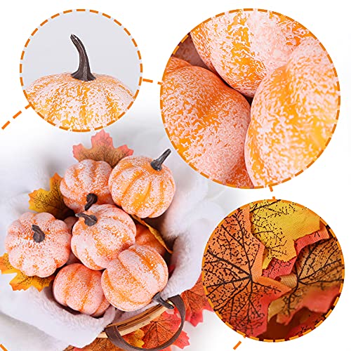 FUTUREPLUSX Artificial Mini Fake Pumpkins, 12PCS Mini Fake Pumpkins with 30PCS Lifelike Maple Leaves Artificial Vegetables for Fall Halloween Thanksgiving Kitchen Decorations