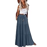 HAEOF Women's Summer Boho Maxi Skirt A-Line Flowy Ruffle Tiered Elastic High Waist Beach Long Skirts with Pockets