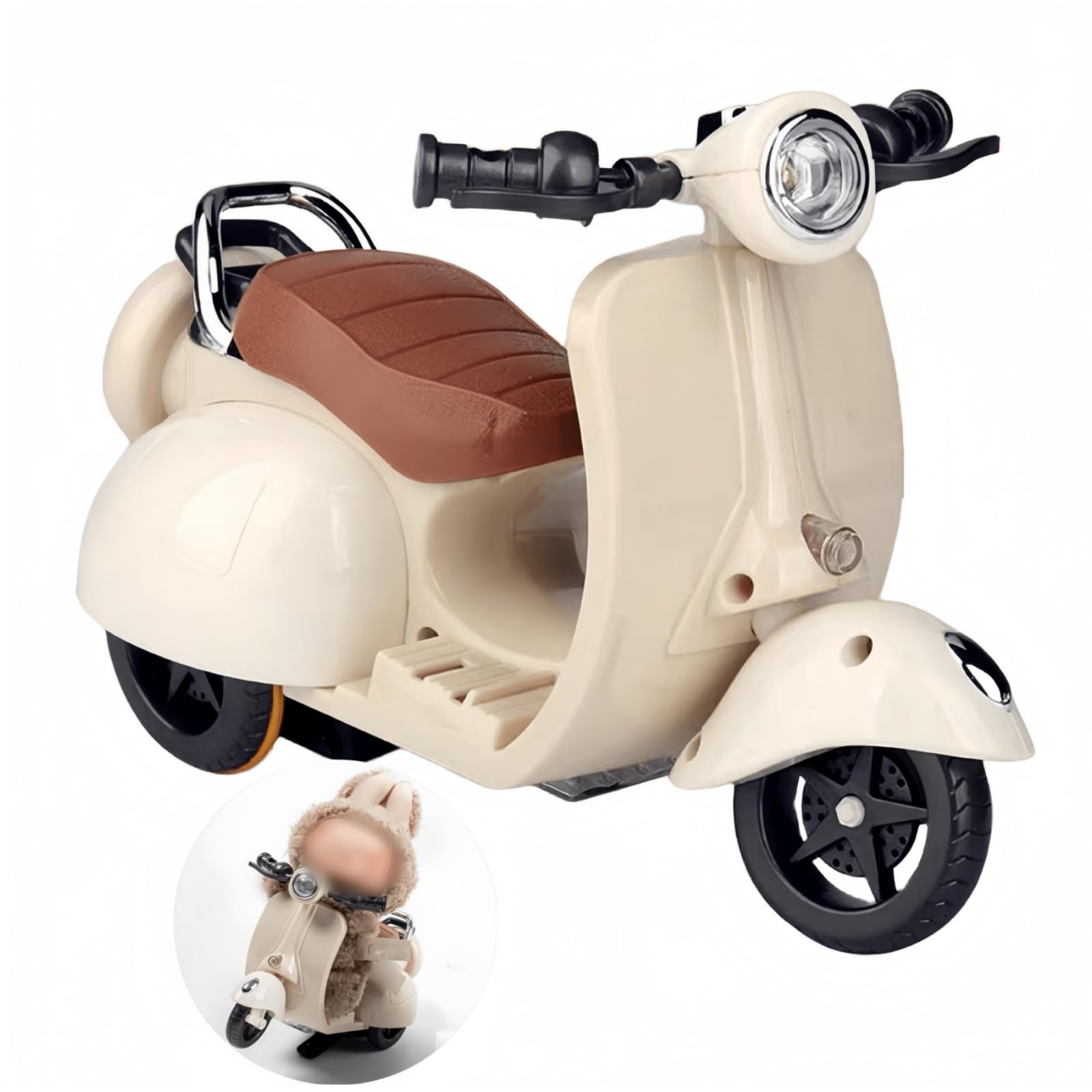 Photo 1 of Liotww Motorcycles Scooter Toy Doll - with Light and Music, Cute Have a Seat for Accessories, Decor Desktop Ornaments Collectors (Off-White)