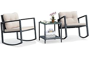 Tangkula 3 Pieces Patio Wicker Rocking Set, Outdoor Rocking Chairs and Table Set with Cushions, Glass Coffee Table with Storage Shelf, Suitable for Patio, Garden, Poolside, Balcony (Beige)