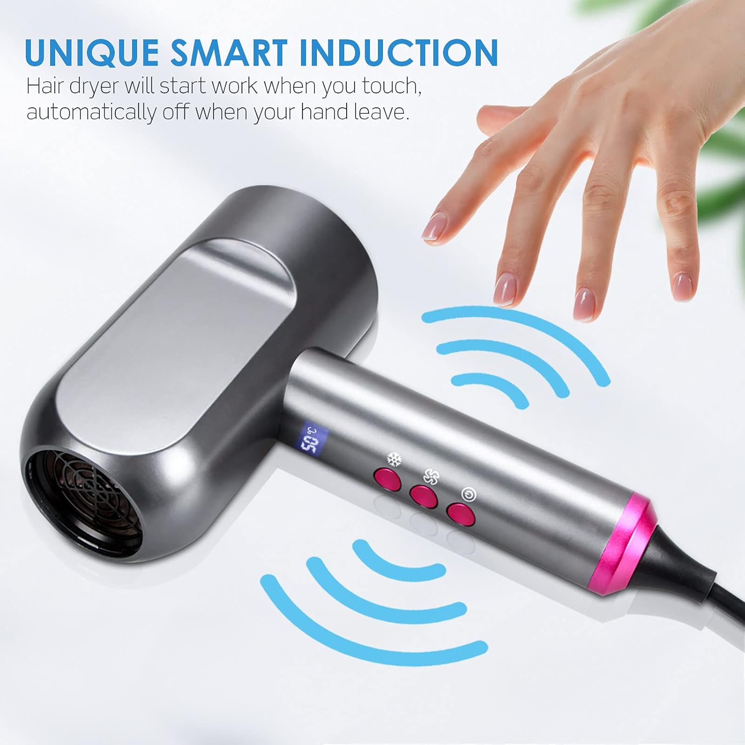Professional Ionic Travel Hair Dryer, 1600W Smart Induction Blow Dryer, Negative Ion Technolog, 5 Heating/5 Speed/Cold Settings with LED Screen, Contain 2 Nozzles Fast Drying for Woman Men Kids: Health & Personal Care