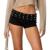 Women Y2K Studded Foldover Micro Shorts Vintage Low Waist Slim Fit Mini Shorts Summer Boxer Short Party Clubwear