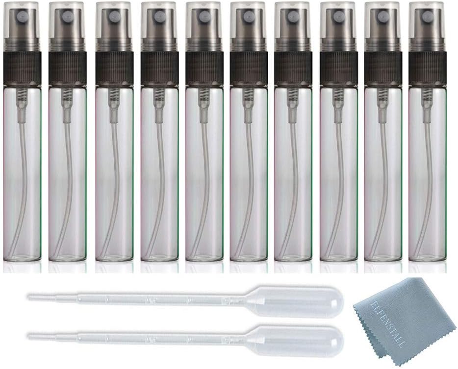 Elfenstall- 25pcs Clear Empty Glass 10ml 1/3oz Fine Mist Atomizer Bottle Spray Refillable Perfume Bottle Glass Clean Cloth for Travel Party Portable Makeup Tool + Free 3ml Dropper Pipette (Clear)