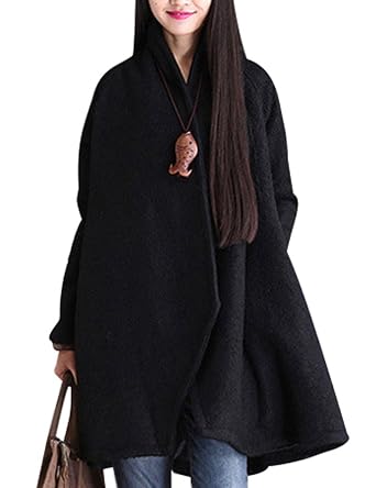 Youlee Damen Winter Big Hem Irregulär Wollmantel Schwarz Amazonde