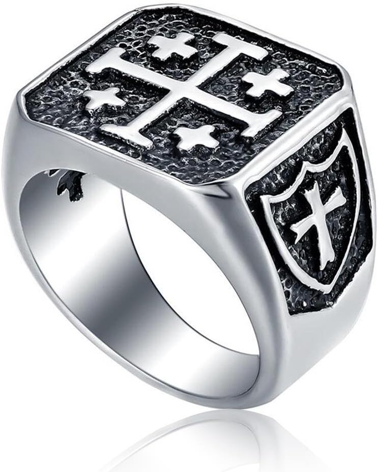 enhong Mens Stainless Steel Signet Jerusalem Cross Rings Vintage Silver Crusader Knight Templar Ring for Men 7-15