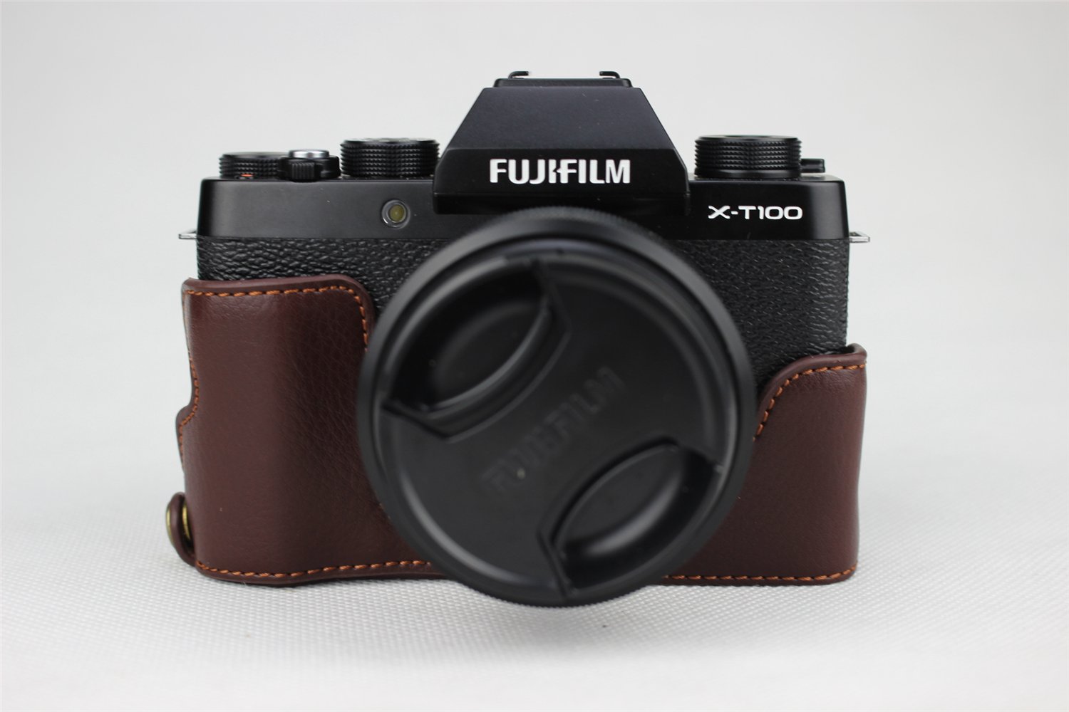 X-T100 Camera Case, Zakao Genuine Real Leather Half Bottom Opening Version Holster Camera Case with Hand Strap Protective Cover Bag Case for Fujifilm Fuji X-T100 XT100 (Coffee)