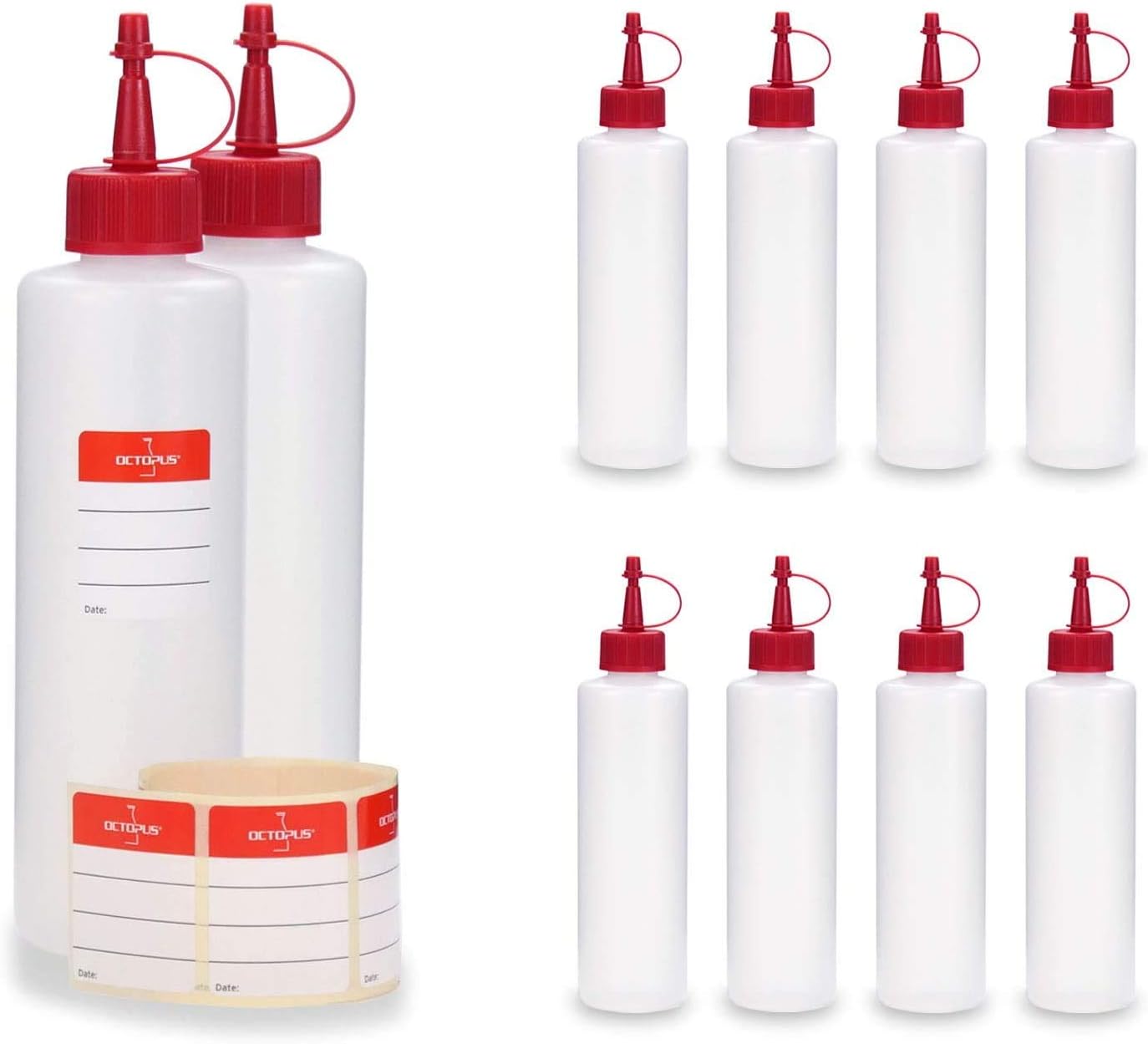 10 x 250 ml Octopus synthetic bottles, plastic bottles made of HDPE with red spray caps or dropper caps