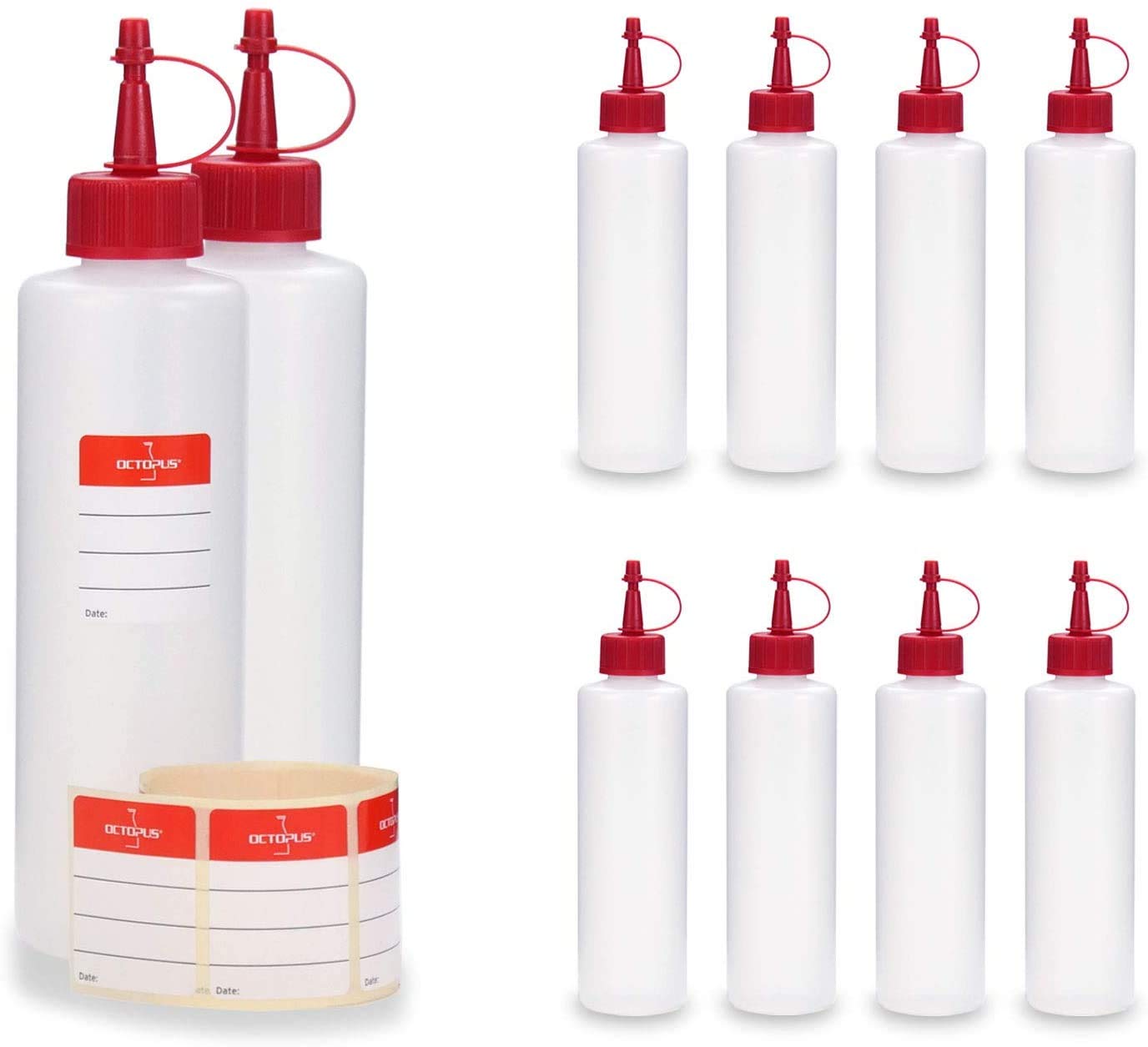 10 x 250 ml Octopus synthetic bottles, plastic bottles made of HDPE with red spray caps or dropper caps, e.g. for e-liquids / e-cigarettes, chemical-resistant, incl. 10 labels
