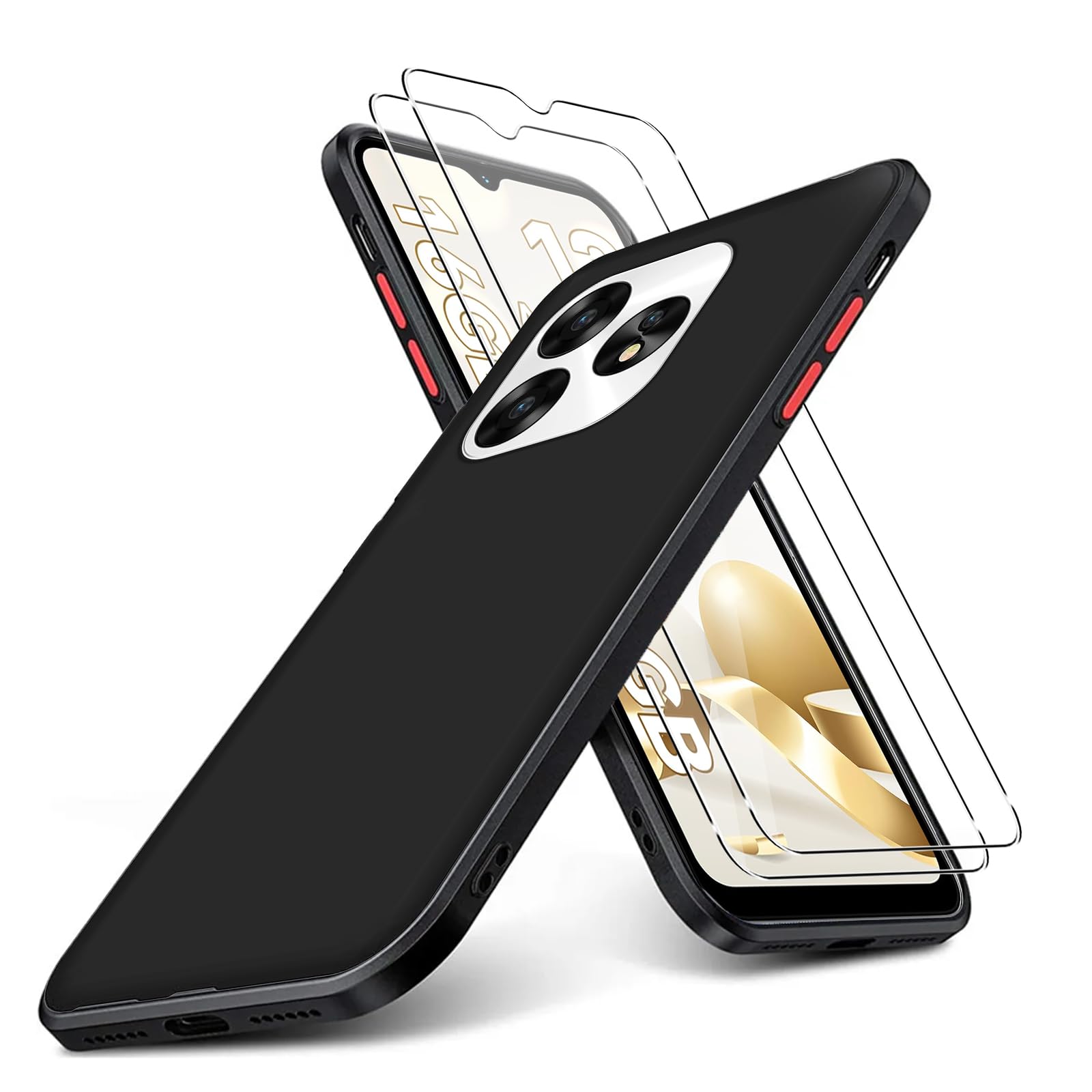 KUSINHOKA Case Compatible with UMIDIGI A15T/A15/A15C + 2 Pack Screen Protector Tempered Glass,Anti Scratch,Drop Protection,Non Slip Soft TPU Thin Full Body Protective Phone Cover,Black