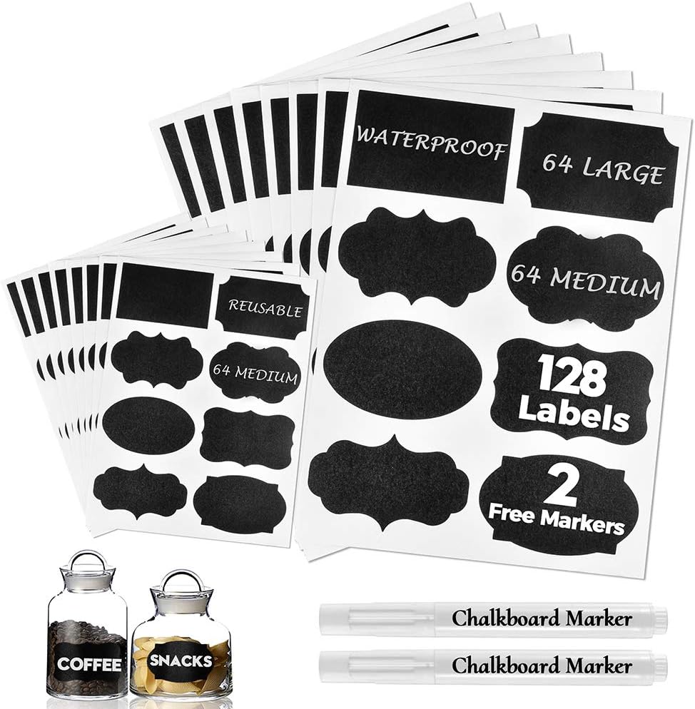 Waterproof Chalkboard Labels Stickers 128 Pack, Erasable & Removable Stickers with 2 Chalk Liquid Markers, Reusable Personalized Stickers for Storage Bins Mason Jars, Party, Bottle, Pantry, Office, Food : Office Products