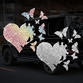 2PCS Beautiful Heart and Fluttering Butterfly PVC Rainbow Glittery Decal Sticker for Cars, Laptops, Trucks, Motorcycles Wall Window Luggage Scratch Cover Door Multi-Surface Decor Sticker