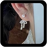 Ximdble Vintage Hollow Bow Dangle Earrings Boho Pearl Ear Jacket Earrings Open Bow Floating Pearl Stud Silver Bowknot Drop Jewelry for Women
