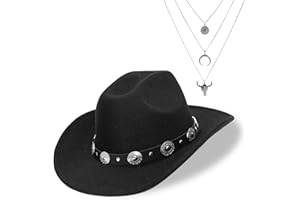 JIANGLAI Western Cowboy Hat for Women Men Classic Fedora Felt Wide Brim Cowgirl Hat with Belt Buckle, Evil Eye Bull Head Necklace