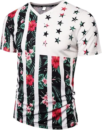 Amazon 17年 春夏 Tokyo9 メンズ ファッション 原宿系 Hiphop ヒップホップ B系 ダンス トップス 半袖 Tシャツ ハイビスカス 花 星 ストライプ Tシャツ カットソー 通販