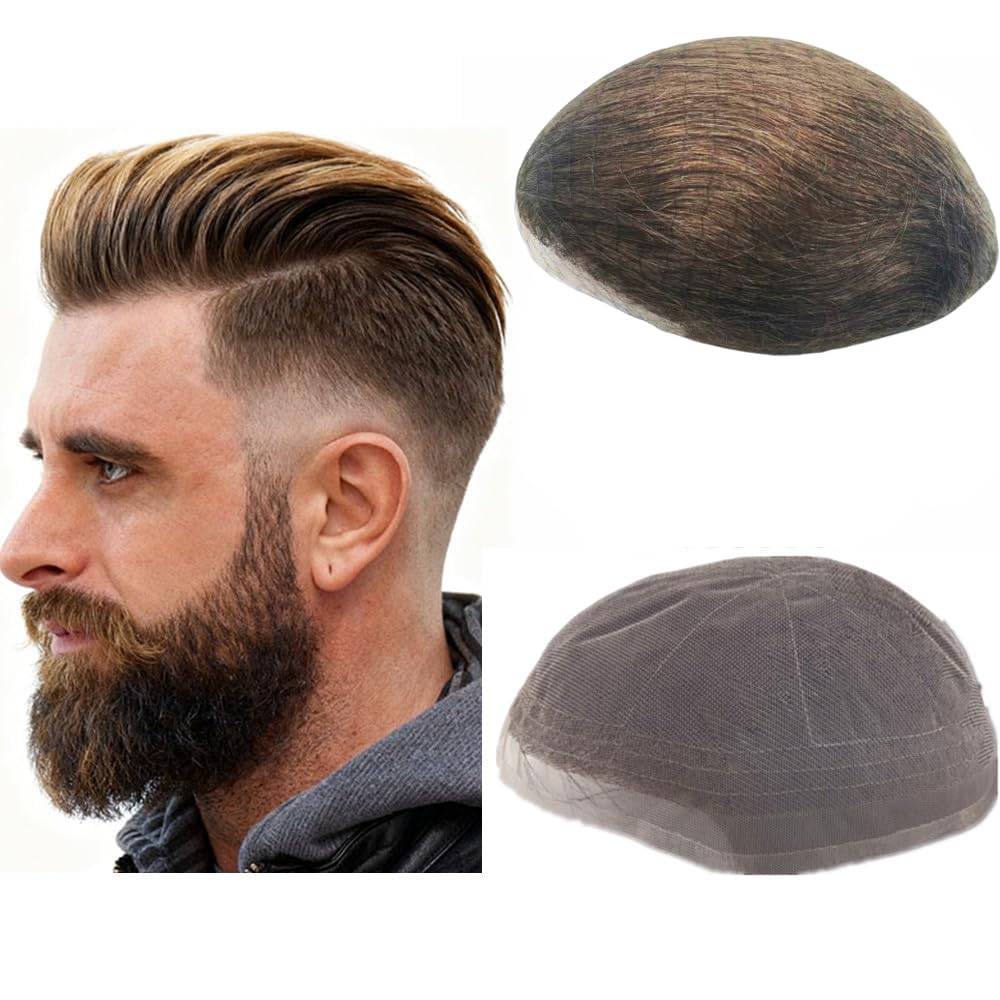 NLW Full Lace Hair Piece for Men Human Hair Replacement System European Straight Human Hair Swiss Lace Hair Units French Lace Toupee Size10x8" #4 Light brown — image 1