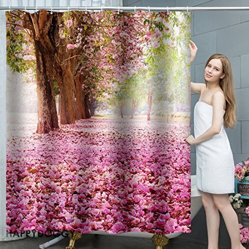 Blossom Tree Shower Curtain Pink, 72 by 80 inches, Bathroom Mildew Resistant Waterproof Anti Bacterial Polyester Fabric Curtains Hooks Set 49D print Home Decor Bath Accessories Collection
