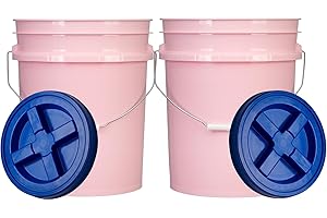 House Naturals Food Grade 5 Gallon Made in USA Plastic Bucket with Air Tight Screw on Lid (Pack of 2) (Pink with Blue Lids)