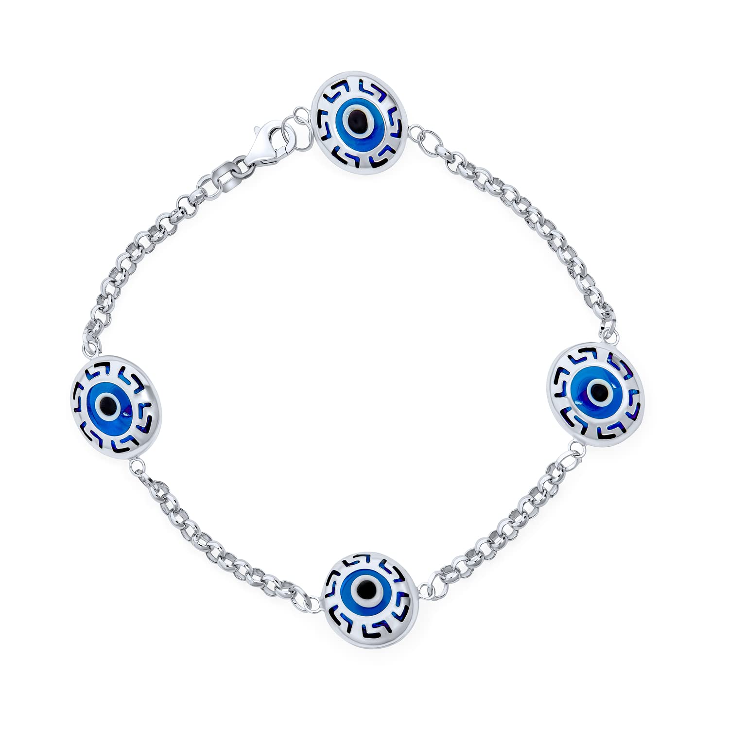 Bling Jewelry Turkish Spiritual Protection Amulet Station Chain Link Greek Motif Blue Evil Eye Charm Bracelet For Women Teens .925 Sterling Silver 7.5 Inch