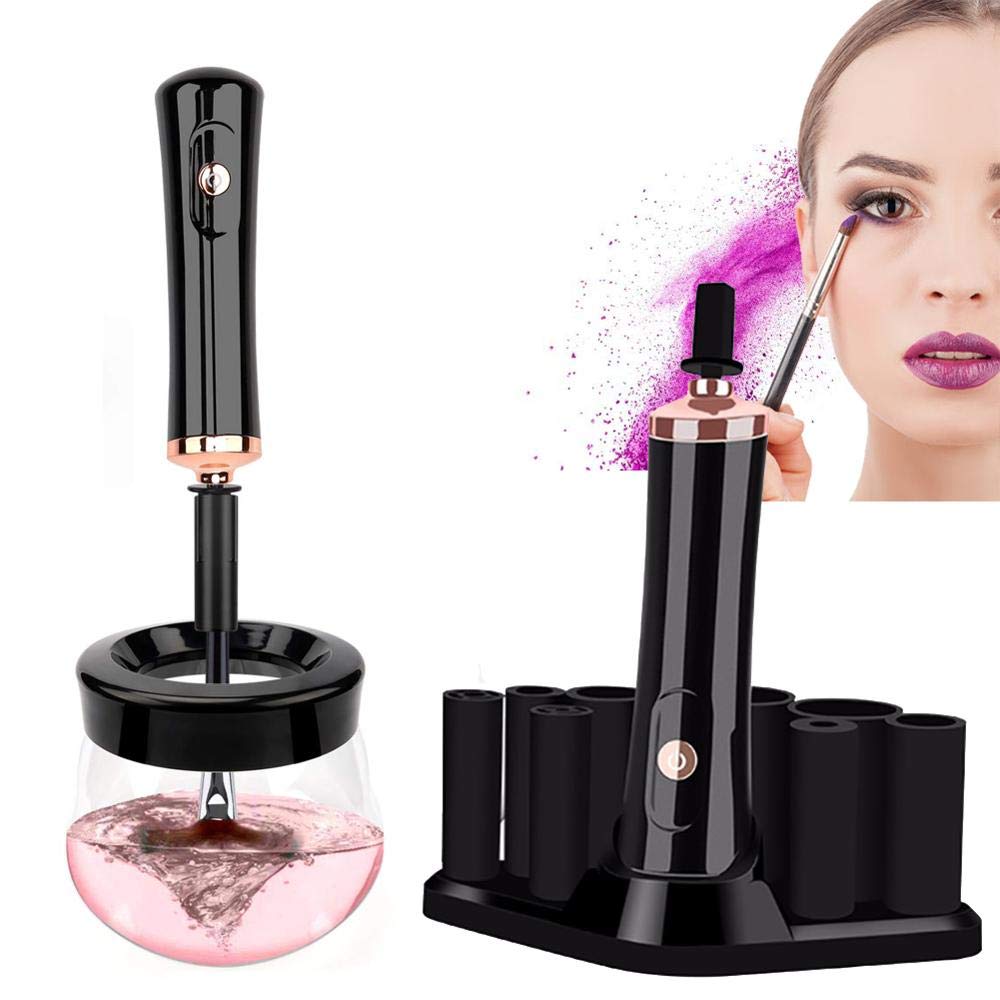 Makeup Brush Cleaner and Dryer Kits, Electric Make up Brushes Spinner Cleaning Device with 8 Size Collars for Most Brushes, Instantly Wash and Dry Spinner Tool for Makeup Brushes (Black)
