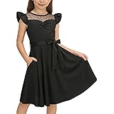 Uleecca Girls Dresses Summer Casual Party Ruffle Sleeve A Line Dress with Pockets, Mesh & Removable Belt