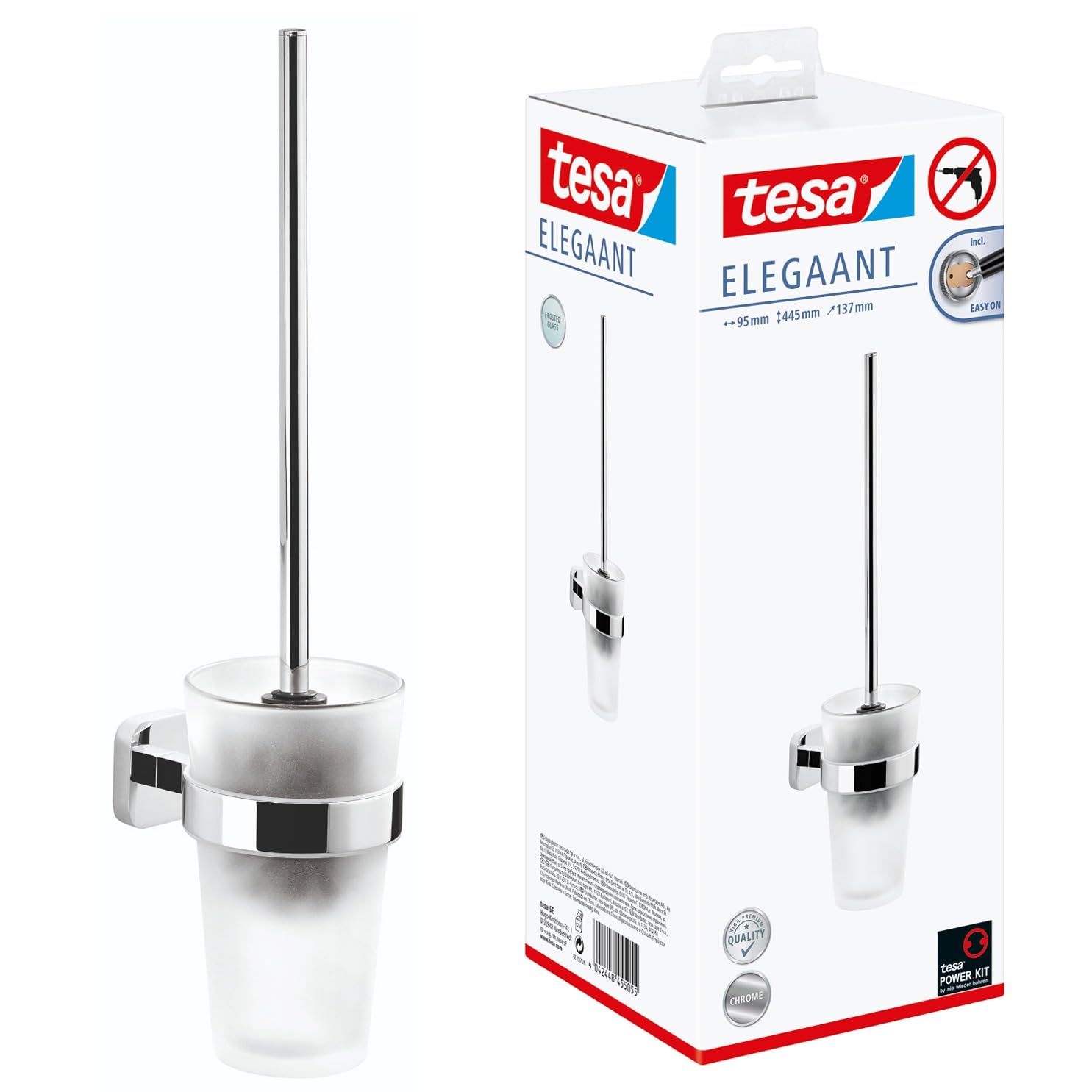 tesa ELEGAANT Toilet Brush Holder - Wall-Mounted, Stainless-Steel Toilet Brush with Bowl in Frosted-Glass Design - Waterproof, incl. Power.Kit Adhesive Solution - 445mm x 95mm x 137mm
