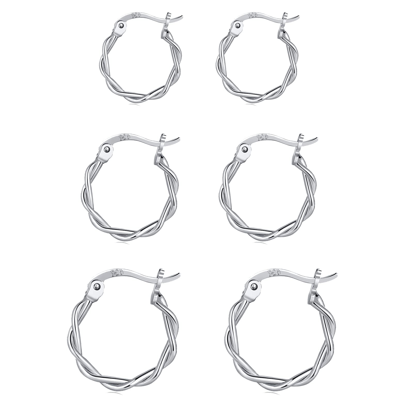 Shuxin Silver Hoops - 925 Sterling Silver Unisex Hypoallergenic Hoop Earrings Set, Twist Cartilage Huggie Hinged Design, Diameter 13, 15, 20mm