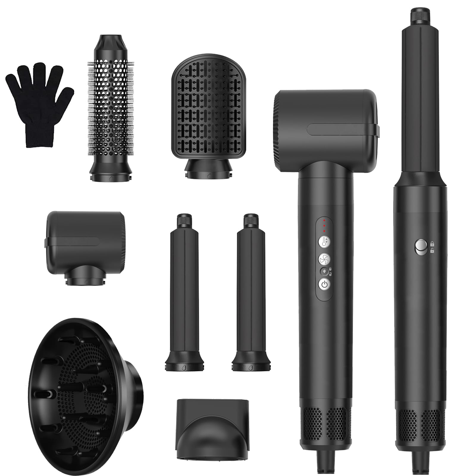 7 in 1 Hairstyler,1400w Föhn mit Diffusor Haartrockner mit 3 Temperatur, Multi Air Styler Set, 30mm Air Lockenstab,Stylingbürsten für Trocknen, Locken,Glätten,Styling,110000 RPM Motor Schnell Trocknen
