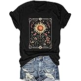 Boho Tops for Women Mystic Moon and Sun Wildflowers T-Shirt Celestial Tees Spiritual Astrology Shirt