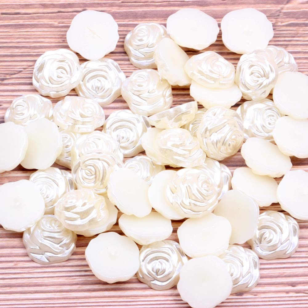 MajorCrafts® 80pcs 12mm Cream Ivory Flat Back Rose Flower Resin Pearls Craft Gems