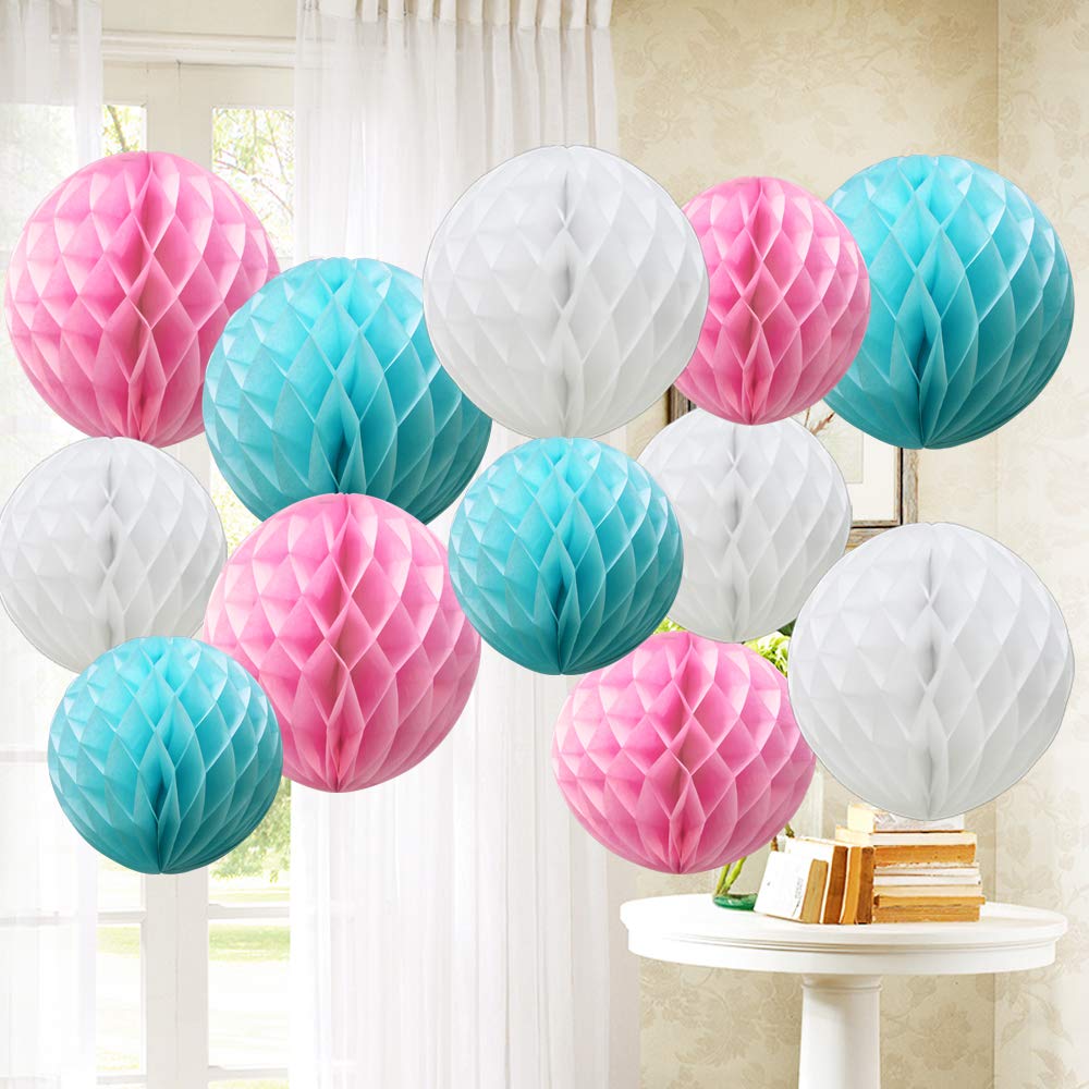 Time to Sparkle 12 Pack Tissue Paper Honeycomb Balls, Poms Birthday Baby Shower Wedding Decorations (Pink Blue)